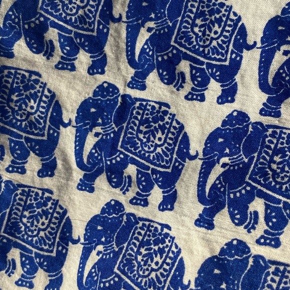 Blue & White Tassel Elephant Block Print Elastic Waist Pull on Pants Trousers - Picture 5 of 8